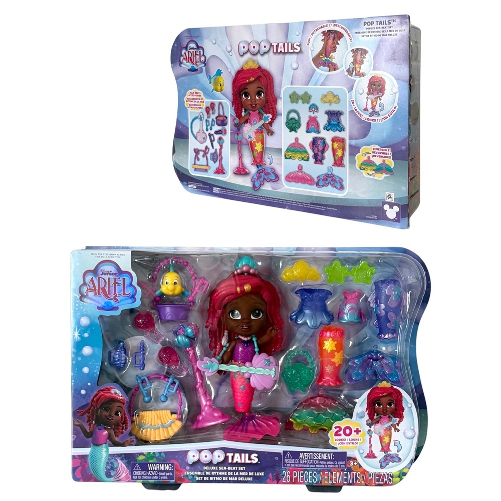 Disney Junior Ariel Pop Tails Deluxe Sea-Beat Set 26pc Mermaid Doll Flounder NEW